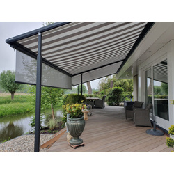 Dubbele plaza viva optistretch pergola systeem met uitrolbare volants