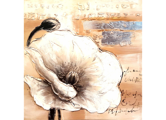 Grijs/witte bloem op bruin/beige achtergrond breedte x hoogte in cm: 75 x 75 (25)