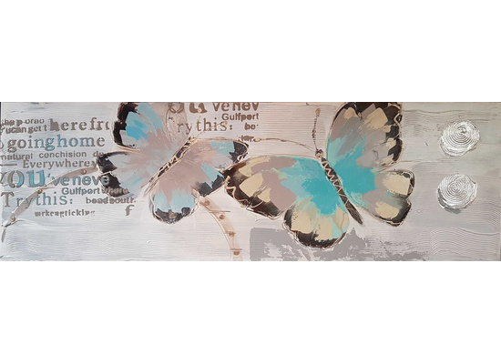 Blauwgroene vlinders op grijze ondergrond breedte x hoogte in cm: 150 x 50 (65)